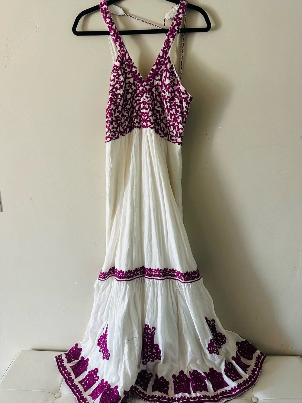 Anthropologie White Maxi Dress with Magenta Embroidery